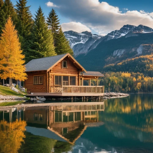 house with lake,log cabin,the cabin in the mountains,log home,emerald lake,small cabin,summer cottage,boat house,beautiful lake,house in mountains,floating huts,boathouse,british columbia,house by the water,house in the mountains,alpine lake,home landscape,mountain lake,houseboat,wooden house,Photography,General,Realistic