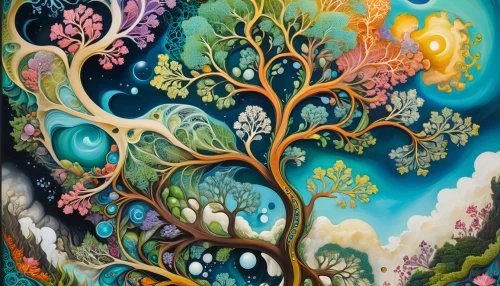 colorful tree of life,tree of life,flourishing tree,magic tree,fairy forest,mushroom landscape,mother earth,fairy world,celtic tree,psychedelic art,the branches of the tree,blossoming apple tree,fruit tree,flower tree,painted tree,enchanted forest,peach tree,forest of dreams,blossom tree,watercolor tree,Illustration,Abstract Fantasy,Abstract Fantasy 13