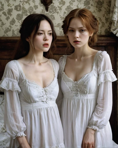 porcelain dolls,joint dolls,wedding dresses,white lady,wild strawberries,the victorian era,doll's house,victorian style,two girls,vintage girls,pale,young women,bridal clothing,white clothing,victorian fashion,vanity fair,gothic portrait,bodice,downton abbey,mannequins,Illustration,Japanese style,Japanese Style 18