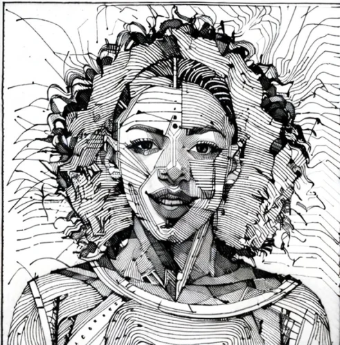 head woman,comic halftone woman,bjork,wireframe,cyborg,woman of straw,pencil art,wireframe graphics,pencils,line-art,image scanner,zentangle,mono-line line art,illustrator,woman's face,mono line art,voodoo woman,african woman,cybernetics,woman face,Design Sketch,Design Sketch,None