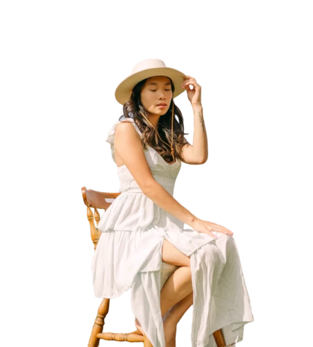 panama hat,vietnamese woman,sun hat,straw hat,girl on a white background,portrait background,high sun hat,sitting on a chair,asian woman,photo painting,yellow sun hat,japanese woman,png transparent,asian conical hat,artist portrait,countrygirl,white background,on a white background,beach chair,studio photo