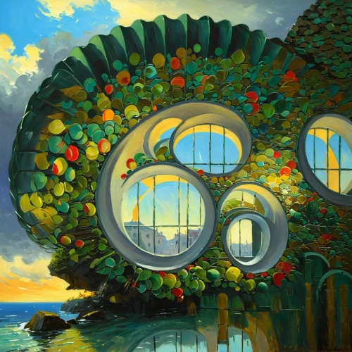 surrealism,psychedelic art,fractals art,panoramical,panopticon,surrealistic,mushroom landscape,nautilus,cyclocomputer,kaleidoscope,porthole,dali,fibonacci,futuristic landscape,time spiral,imagination,planet eart,cog,utopian,el salvador dali,Conceptual Art,Oil color,Oil Color 06