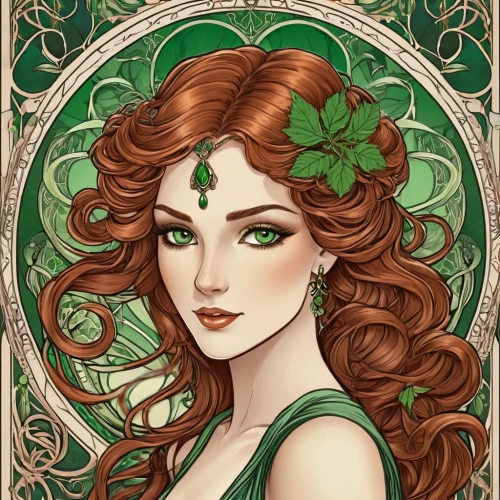 celtic queen,merida,poison ivy,fae,dryad,anahata,celtic woman,irish,ivy,green wreath,shamrock,art nouveau,elven flower,flora,faery,the enchantress,celtic tree,rusalka,emerald,elven,Illustration,Retro,Retro 13