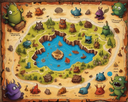 rainbow world map,playmat,druid grove,treasure map,map icon,world map,map world,frog gathering,fairy village,frog background,fairy world,bird kingdom,raft guide,water hole,water courses,volcanic field,game illustration,collected game assets,old world map,mud village,Illustration,Paper based,Paper Based 21