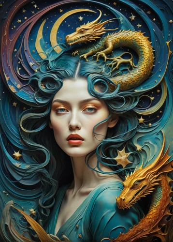 the zodiac sign pisces,medusa,fantasy art,zodiac sign libra,fantasy portrait,zodiac sign gemini,siren,mystical portrait of a girl,gold foil mermaid,horoscope pisces,horoscope libra,sorceress,aquarius,the enchantress,virgo,sci fiction illustration,the zodiac sign taurus,faery,mermaid background,the wind from the sea,Illustration,Realistic Fantasy,Realistic Fantasy 45