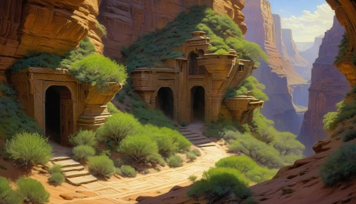 petra,canyon,sandstone wall,zion,cliff dwelling,fairyland canyon,street canyon,sandstone,guards of the canyon,sandstone rocks,angel's landing,red canyon tunnel,yellow mountains,moon valley,mountain settlement,ancient city,anasazi,desert landscape,ancient buildings,hiking path,Illustration,Realistic Fantasy,Realistic Fantasy 03