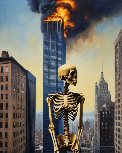 wtc,september 11,skeletal,city in flames,apocalypse,skeleltt,skyscrapers,human skeleton,1wtc,1 wtc,apocalyptic,skeletal structure,skeletons,skycraper,the conflagration,burned down,stock market collapse,fire disaster,burj,calcium,Photography,Artistic Photography,Artistic Photography 14