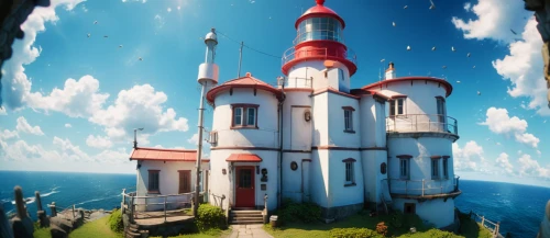 red lighthouse,panoramical,house of the sea,lighthouse,fairy tale castle,studio ghibli,fairytale castle,observatory,island church,water castle,inverted cottage,myst,sunken church,knight's castle,sky apartment,treasure house,diving bell,summit castle,aqua studio,dandelion hall,Photography,General,Cinematic