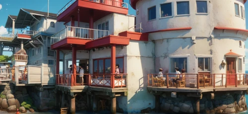 stilt houses,lifeguard tower,red lighthouse,seaside resort,stilt house,houseboat,docks,floating huts,popeye village,house of the sea,wharf,yacht club,shipyard,house by the water,lightship,boat harbor,ship yard,ferry house,harbor,fisherman's house,Photography,General,Cinematic