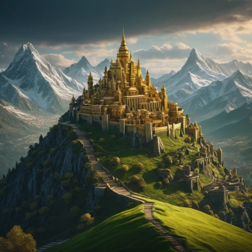fantasy landscape,fantasy picture,gold castle,3d fantasy,summit castle,fantasy art,knight's castle,fairy tale castle,fantasy world,heroic fantasy,mountain settlement,castle of the corvin,fairytale castle,castles,castel,fantasy city,hogwarts,world digital painting,mountain world,games of light,Photography,General,Fantasy