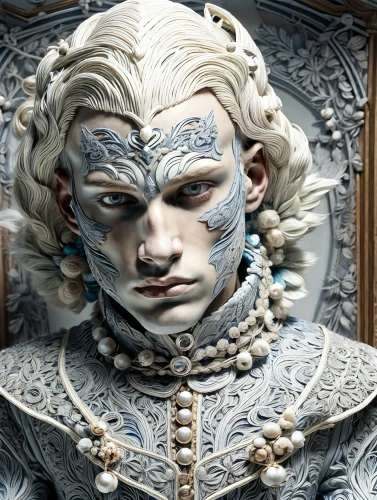the carnival of venice,suit of the snow maiden,cullen skink,white walker,male elf,silver lacquer,pierrot,poseidon god face,silvery blue,the snow queen,white rose snow queen,fantasy portrait,porcelaine,baroque,tyrion lannister,father frost,bodypainting,mozartkugel,artist's mannequin,valerian