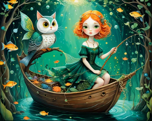 fairy tale character,faery,birds of the sea,the sea maid,faerie,fantasy picture,fantasy art,children's fairy tale,fairy world,mermaid background,fairies aloft,fairy tale,whimsical,green mermaid scale,fairy forest,nami,under sea,under the sea,enchanted forest,couple boy and girl owl,Illustration,Realistic Fantasy,Realistic Fantasy 07