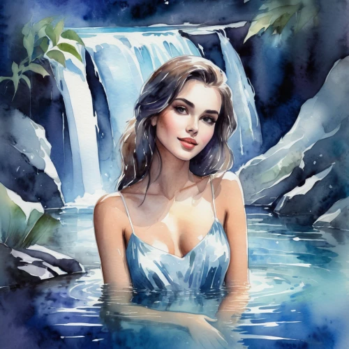 water nymph,waterfall,water fall,the blonde in the river,waterfalls,girl on the river,watercolor background,world digital painting,thermal spring,watercolor pin up,digital painting,ilse falls,blue lagoon,bridal veil fall,fantasy portrait,water flowing,hot spring,water falls,lily water,flowing water,Illustration,Paper based,Paper Based 25
