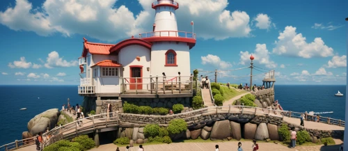 red lighthouse,lighthouse,electric lighthouse,popeye village,3d render,petit minou lighthouse,frederic church,light house,house of the sea,3d rendering,seaside resort,crown engine houses,3d rendered,render,3d fantasy,sea fantasy,crisp point lighthouse,studio ghibli,lifeguard tower,lookout tower,Photography,General,Cinematic