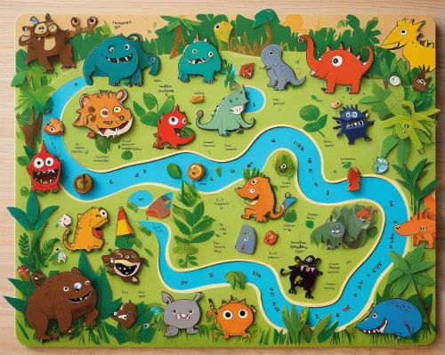 playmat,wild animals crossing,woodland animals,rainbow world map,forest animals,water courses,jigsaw puzzle,tropical animals,river course,cartoon forest,animal tracks,wildlife reserve,animal shapes,game illustration,swampy landscape,round animals,children's background,treasure map,children's paper,animal zoo,Illustration,Paper based,Paper Based 19