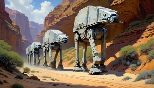 guards of the canyon,droids,storm troops,convoy,cg artwork,imperial,patrols,pathfinders,limb males,travelers,caravan,sci fi,concept art,star wars,droid,sci fiction illustration,at-at,starwars,delivering,sci-fi,Illustration,Realistic Fantasy,Realistic Fantasy 03