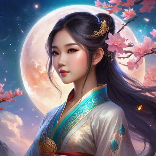 mulan,oriental princess,chinese art,mid-autumn festival,oriental girl,fantasy portrait,plum blossom,wuchang,jasmine blossom,hanbok,oriental painting,full moon day,yi sun sin,asian woman,oriental,plum blossoms,korean culture,moon and star background,moonlit night,mystical portrait of a girl,Illustration,Realistic Fantasy,Realistic Fantasy 01