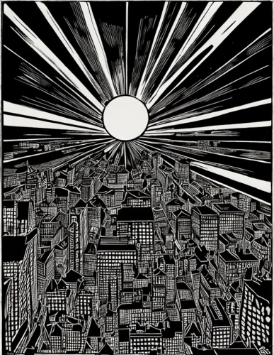 metropolis,panoramical,city in flames,black city,3-fold sun,escher,rising sun,morning illusion,metropolises,reverse sun,capital cities,incidence of light,klaus rinke's time field,searchlights,city cities,revolving light,mono-line line art,metric,overtone empire,background vector,Art sketch,Art sketch,Woodcut