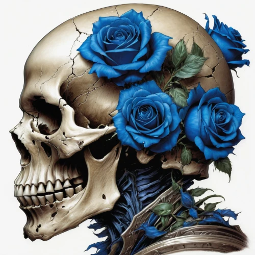 blue rose,memento mori,scull,skulls and,dance of death,blue moon rose,skull bones,blue rose near rail,skull allover,skulls,death's head,skull sculpture,calavera,vanitas,skull and crossbones,death head,skull and cross bones,death's-head,skullcap,way of the roses,Illustration,American Style,American Style 02