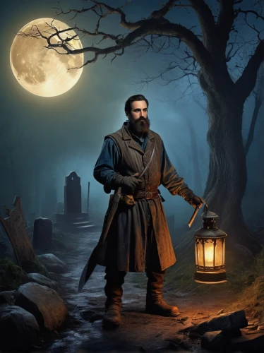 lamplighter,bram stoker,game illustration,night watch,the wanderer,fantasy picture,illuminated lantern,the night of kupala,digital compositing,quarterstaff,fantasy portrait,sci fiction illustration,thorin,candlemaker,night administrator,watchmaker,lantern,clockmaker,fiddler,night scene,Illustration,Realistic Fantasy,Realistic Fantasy 35