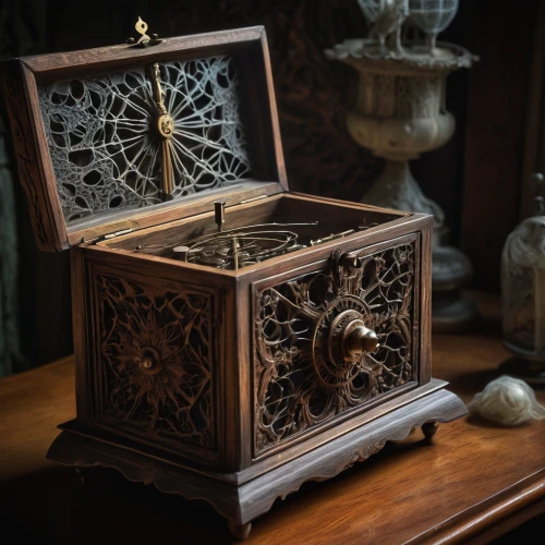 vintage lantern,treasure chest,lyre box,music box,antique furniture,music chest,writing desk,grandfather clock,vintage box camera,wooden box,end table,musical box,antique table,card box,nightstand,mechanical puzzle,bedside table,antique style,chest of drawers,clockmaker,Illustration,Abstract Fantasy,Abstract Fantasy 16