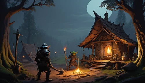 game illustration,witch's house,game art,night scene,concept art,fantasy picture,halloween background,the night of kupala,druid grove,campsite,halloween illustration,witch house,campfires,adventure game,nomads,pilgrims,campfire,halloween scene,gnomes,lamplighter,Conceptual Art,Sci-Fi,Sci-Fi 18