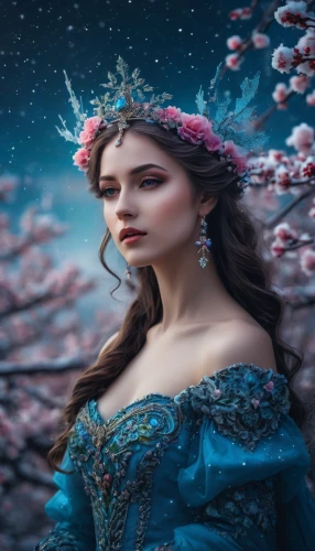 fairy queen,fantasy picture,fairy tale character,the snow queen,fantasy portrait,faery,fantasy art,princess sofia,blue moon rose,faerie,blue enchantress,elven flower,cinderella,beautiful girl with flowers,mystical portrait of a girl,fairy tale,blue birds and blossom,spring crown,lilac blossom,celtic woman,Photography,General,Fantasy