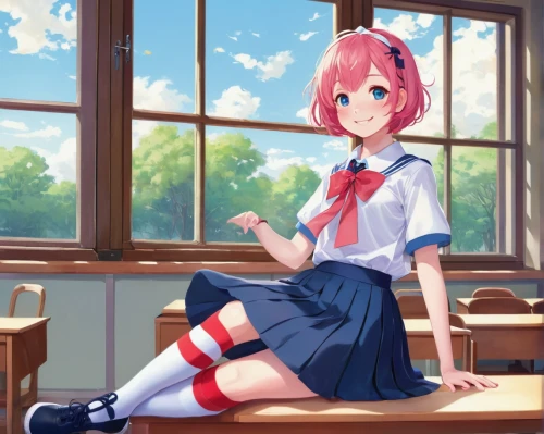 sitting on a chair,bulli,sitting,strawberry,red-haired,schoolgirl,classroom,school uniform,sakura background,strawberry roll,red background,knee-high socks,sit,girl sitting,school clothes,transparent background,mock strawberry,kawaii,would a background,anime girl,Art,Classical Oil Painting,Classical Oil Painting 37