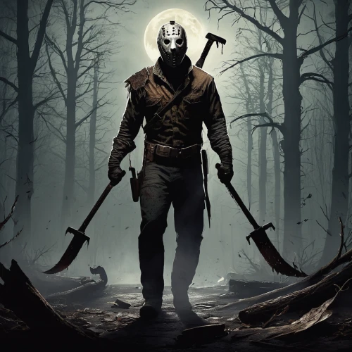 halloween poster,slender,male mask killer,knife head,woodsman,hatchet,with the mask,handsaw,grimm reaper,scythe,huntress,gamekeeper,hooded man,scarecrow,the stake,walker,forest man,without the mask,masked man,the wanderer,Illustration,Realistic Fantasy,Realistic Fantasy 40