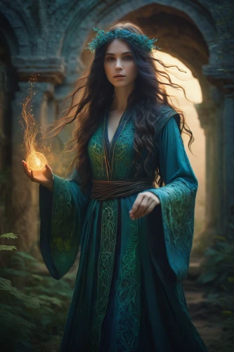 sorceress,celtic woman,merida,mystical portrait of a girl,the enchantress,fantasy picture,fantasy portrait,candlemaker,fantasy art,blue enchantress,faery,celtic queen,mage,fantasy woman,faerie,elven,divination,flame spirit,priestess,fairy tale character,Illustration,Abstract Fantasy,Abstract Fantasy 06