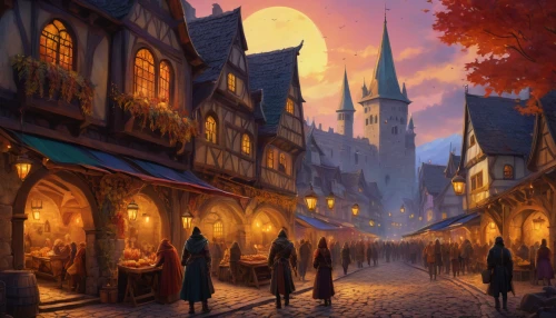 medieval street,medieval town,medieval market,fantasy picture,hamelin,the cobbled streets,bremen town musicians,fantasy landscape,fantasy city,old town,old city,fantasy art,world digital painting,medieval,shopping street,hogwarts,marketplace,evening atmosphere,aurora village,the pied piper of hamelin,Illustration,Realistic Fantasy,Realistic Fantasy 30