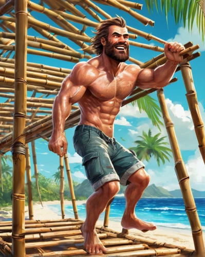 cave man,tarzan,caveman,king coconut,beach background,holding a coconut,neanderthal,barbarian,aquaman,polynesian,game illustration,male character,merman,coconut bar,macho,wolverine,stone age,coconuts,coconut palm,ark,Conceptual Art,Oil color,Oil Color 21