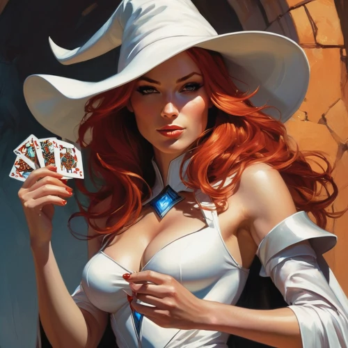 poker primrose,playing card,transistor,playing cards,clue and white,nami,magician,sorceress,poker,gambler,game illustration,poker set,hatter,card deck,panama hat,femme fatale,the hat-female,the hat of the woman,cigarette girl,black hat,Conceptual Art,Oil color,Oil Color 04