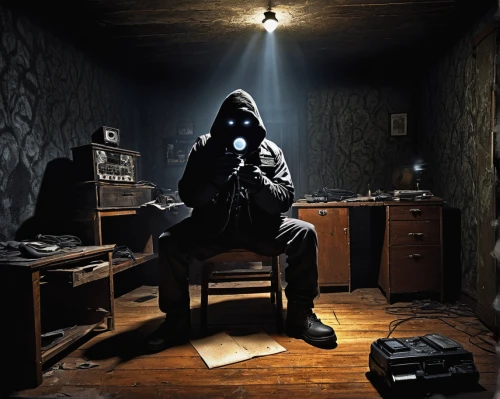 man with a computer,watchmaker,a dark room,night administrator,interrogation,man holding gun and light,gas mask,darknet,anonymous,the collector,investigator,interrogation point,the morgue,projectionist,anonymous hacker,conceptual photography,clockmaker,cd cover,live escape game,dark art,Illustration,Abstract Fantasy,Abstract Fantasy 01