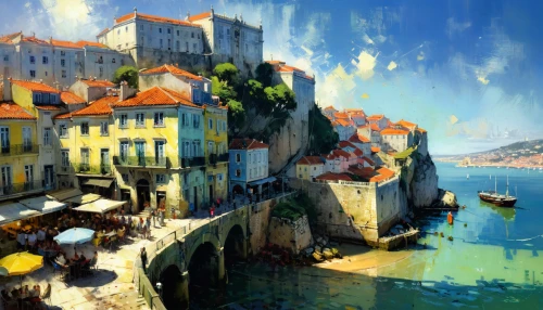 dubrovnic,dubrovnik,dubrovnik city,island of rab,world digital painting,kings landing,croatia,harbor,harbour,adriatic,italian painter,fantasy art,constantinople,etretat,fantasy landscape,fishing village,meersburg,port on the danube,medieval town,meticulous painting,Art,Classical Oil Painting,Classical Oil Painting 17