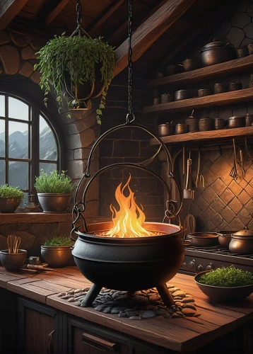 culinary herbs,cooking pot,cauldron,wood-burning stove,tile kitchen,copper cookware,fireplaces,cast iron skillet,ceramic hob,wood stove,outdoor cooking,victorian kitchen,fireplace,hearth,pizza oven,masonry oven,gas stove,vintage kitchen,magical pot,stock pot,Illustration,Japanese style,Japanese Style 15