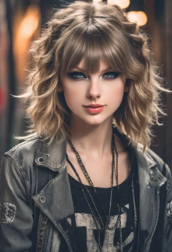 swifts,edit icon,denim background,short blond hair,curls,layered hair,cool blonde,golden haired,beautiful girl,leather jacket,curly,scrapbook background,full hd wallpaper,curly hair,music artist,feathered hair,curly string,model-a,doll's facial features,blonde girl,Photography,Realistic