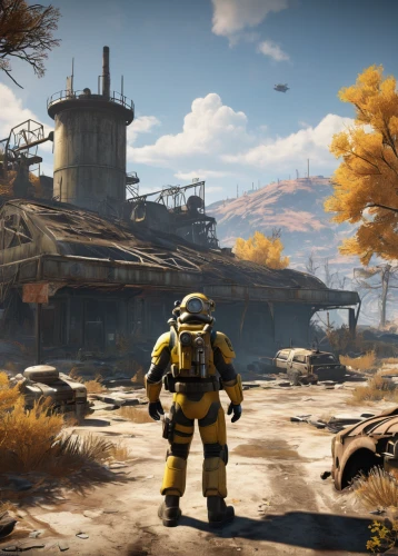 fallout4,wasteland,fallout,fresh fallout,post apocalyptic,industries,post-apocalyptic landscape,yellow machinery,mining facility,metal rust,fallout shelter,the hive,bumblebee,terraforming,kryptarum-the bumble bee,erbore,moon base alpha-1,refinery,hazmat suit,desert planet,Illustration,Black and White,Black and White 32