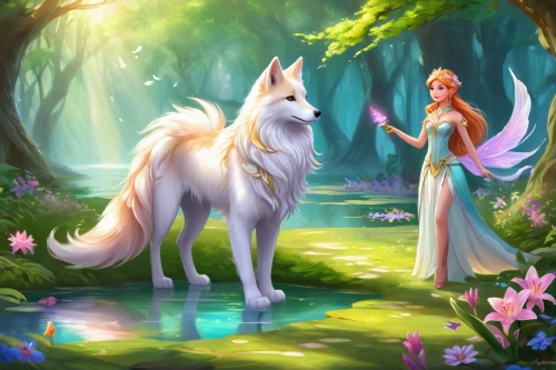 fantasy picture,white shepherd,unicorn background,fairy tale character,fantasy art,fairytale characters,pocahontas,fairy tale,a fairy tale,fairy forest,white rose snow queen,wolf couple,children's fairy tale,mythical creatures,kelpie,faerie,canidae,spring unicorn,enchanted forest,fairytale,Illustration,Realistic Fantasy,Realistic Fantasy 01