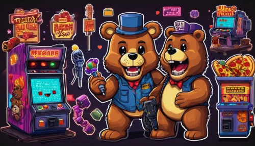 arcade games,arcade game,arcade,slot machines,pinball,arcades,scandia bear,bears,game illustration,funfair,the bears,bear market,video game arcade cabinet,party icons,game room,icon set,retro background,adventure game,left hand bear,cartoon video game background,Unique,Design,Sticker