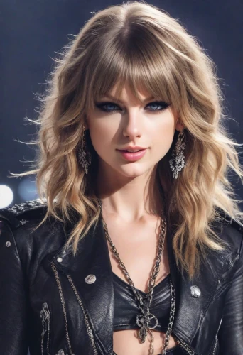 leather jacket,swifts,earpieces,denim background,doll's facial features,short blond hair,barbie doll,edit icon,necklace,curls,golden haired,rock beauty,necklaces,black leather,leather,zoom background,leather hat,attractive woman,background screen,full hd wallpaper,Photography,Realistic