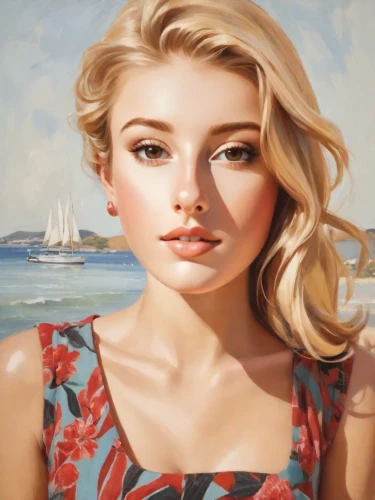 blonde woman,girl on the boat,young woman,oil painting,portrait of a girl,marylyn monroe - female,girl portrait,oil painting on canvas,blonde girl,blond girl,romantic portrait,photo painting,the blonde in the river,girl on the river,marilyn,art painting,young lady,italian painter,oil on canvas,carol colman