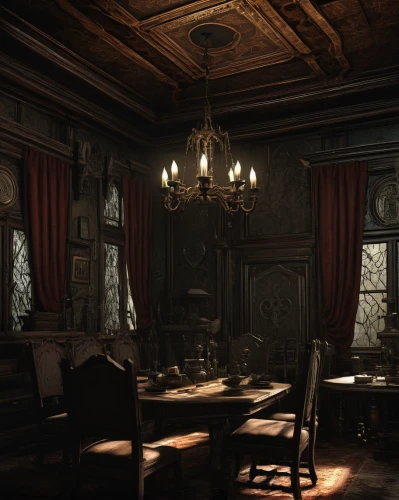 ornate room,dark cabinetry,dining room,a dark room,dandelion hall,victorian,victorian style,danish room,witch's house,interiors,victorian kitchen,doll's house,empty interior,wade rooms,apothecary,consulting room,sitting room,the haunted house,abandoned room,four poster,Illustration,Realistic Fantasy,Realistic Fantasy 29