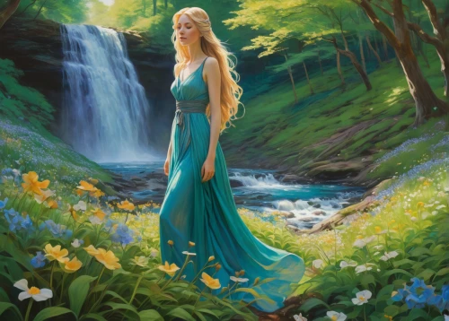 elsa,rapunzel,fantasy picture,celtic woman,fantasia,rusalka,lilly of the valley,girl in a long dress,elven,water nymph,the blonde in the river,elven flower,water-the sword lily,girl in flowers,celtic queen,fantasy portrait,lilies of the valley,daffodils,tiana,flora,Illustration,Realistic Fantasy,Realistic Fantasy 30