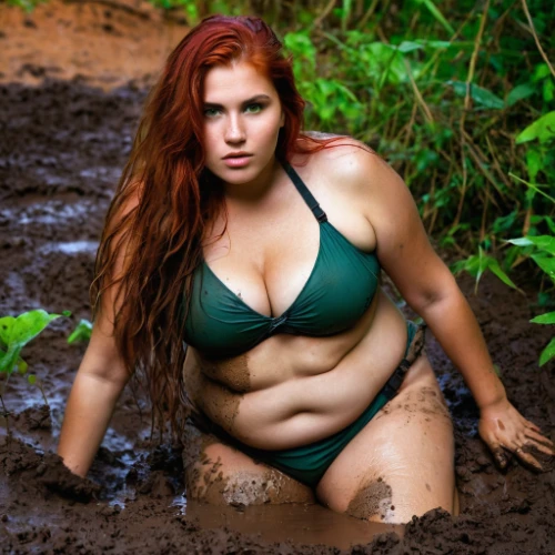 mud wrestling,pile of dirt,cave girl,plus-size model,mud,mud wall,clay soil,poison ivy,green waste,plant bed,mound of dirt,green skin,green water,green mermaid scale,water hole,greta oto,muddy,wild ginger,digging,garden hose