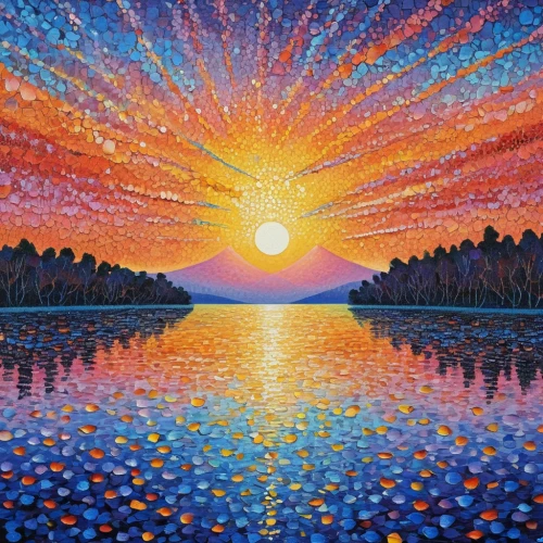 sun reflection,sun,incredible sunset over the lake,sunburst,sun burst,sunburst background,layer of the sun,double sun,colorful light,bright sun,oil painting on canvas,painting technique,rising sun,sunrise,setting sun,sunset,kaleidoscopic,mountain sunrise,coast sunset,harmony of color,Conceptual Art,Daily,Daily 31