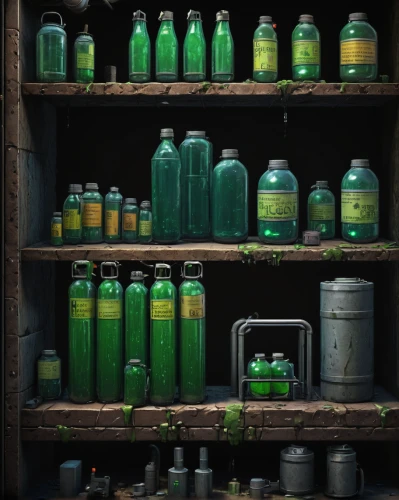 gas bottles,chemical container,potions,bottles,glass bottles,apothecary,fallout shelter,refrigerant,glass containers,spray cans,stacked containers,kerosene,paint cans,stockpile,cylinders,jars,storage-jar,gas cylinder,containers,bottleneck,Illustration,Realistic Fantasy,Realistic Fantasy 31