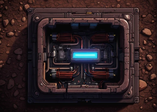 mining facility,barebone computer,battery icon,fuel tank,research station,fallout shelter,ammunition box,bunker,capsule,digital safe,semi-submersible,keystone module,base plate,moon base alpha-1,battery cell,storage medium,door-container,computer case,nuclear reactor,furnace,Illustration,American Style,American Style 11