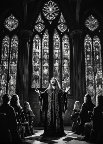 dark gothic mood,benedictine,lord who rings,eucharist,haunted cathedral,the annunciation,the abbot of olib,archimandrite,benediction of god the father,sepulchre,worship,eucharistic,hall of the fallen,kneel,holy places,the prophet mary,divination,gothic portrait,vestment,blood church,Illustration,Black and White,Black and White 11