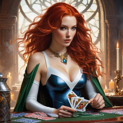 poker primrose,sorceress,celtic queen,playing cards,fantasy portrait,fantasy woman,fantasy art,playing card,queen of hearts,celtic woman,collectible card game,woman playing,fantasy picture,poker set,merida,gambler,rotglühender poker,poker,card game,magic grimoire,Conceptual Art,Oil color,Oil Color 09